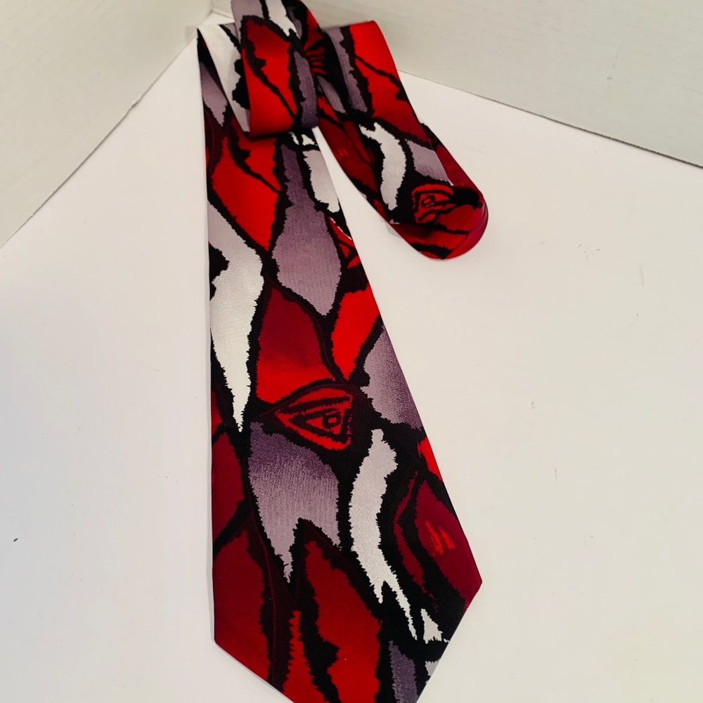 KETCH Red, Black & Gray Geometric Block Design Neck Tie 56” Long